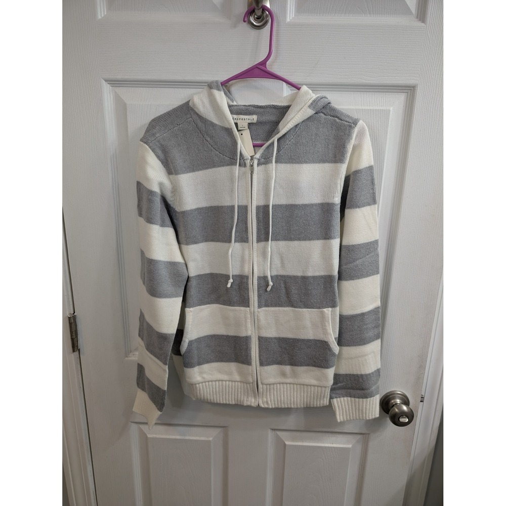 Aeropostale Striped Rugby Hoodie Sweater Womens Gray White Full Zip NWT - Size L